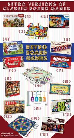 the retro board games are on display in front of a red and white striped background