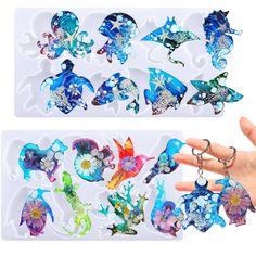 two pictures of different types of sea animals in the shape of magnets on a white background