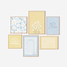 six framed art prints with flowers and sayings in pastel blue, yellow, and white