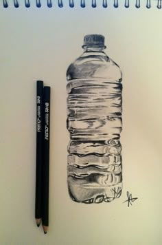 a drawing of a water bottle next to a pencil