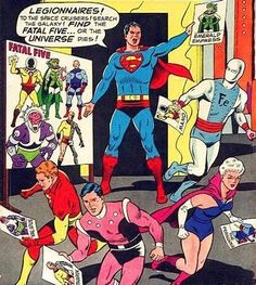 a cover for adventure comics, featuring superman and the legion of super - heros