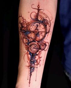 a tattoo on the arm of a person with a clock and compass in red ink