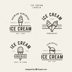 four logos for ice cream with different flavors and shapes on them, including the words ice cream