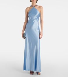 Cadence beaded satin gown in blue - Staud | Mytheresa Floor-length Evening Dress With Satin Lining, Satin Halter Neck Evening Dress, Silk Halter Neck Gown For Gala, Silk Halter Neck Cocktail Evening Dress, Elegant Evening Gown With Satin Lining, Luxury Satin Maxi Dress For Evening, Luxury Satin Finish Maxi Dress For Evening, Formal Floor-length Evening Dress With Satin Lining, Silk Evening Gown For Prom