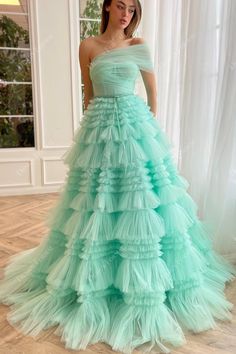 Teuta Matoshi Dresses, Non Traditional Wedding Dresses, Teuta Matoshi, Prom Dress Trends, Mint Leaf, One Shoulder Prom Dress, Green Tulle, Long Formal Gowns, Dress With Pleats