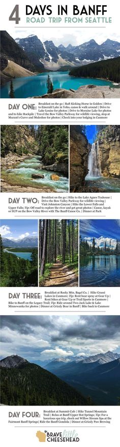 the four days in banff info sheet is shown with images of mountains, trees and water