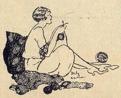 a drawing of a woman sitting on the ground with her legs crossed, holding an object