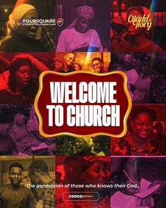 the welcome to church flyer is shown in red and purple colors, with images of people