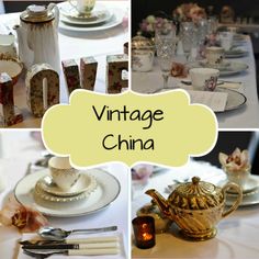 a collage of photos with the words vintage china written in black and white letters