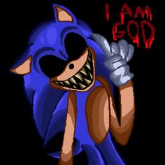 sonic the hedgehog with i am god written on his chest and an evil face