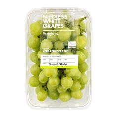 seedless grapes in a plastic container on a white background with the label for sweet globe