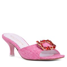 Coquette kitten heel sandal with a chic square toe. This slide is crafted in a handmade Italian linen, lined with leather. The pair is embellished with a colored rhinestone-buckle and features a cushioned insole for comfort and a light pink leather outsole. This comfortable sexy, fun and dressy style- thanks to a 6mm memory foam insole - will complement jeans, pants, trousers, skirts and dresses alike!  Perfect for a garden or pool or beach party, nice evening, date night, holidays, or to elevat Elegant Fitted Pink Kitten Heels, Pink Leather Evening Kitten Heels, Elegant Pink Kitten Heels, Coquette Kitten, Pink Kitten Heels With 4-inch Heel For Party, Pink 4-inch Kitten Heels For Evening, Coquette Clothes, Dressy Style, Kitten Heel Sandals