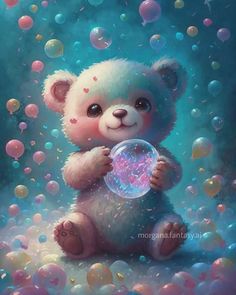 a painting of a teddy bear holding a bubble