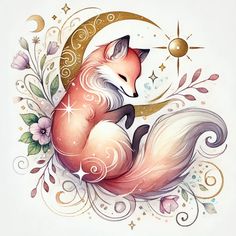 a drawing of a fox sitting on top of a crescent with flowers and stars around it