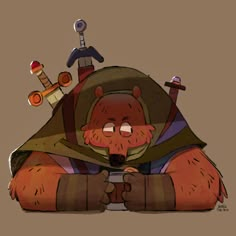 a drawing of a bear sitting on top of a pile of stuff and holding a knife