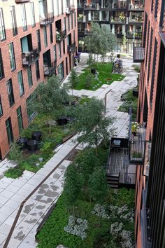 an aerial view of a city with lots of trees and plants in the middle of it