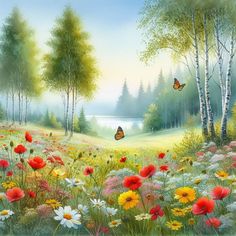 a painting of flowers and butterflies in a field with trees, grass and water behind them