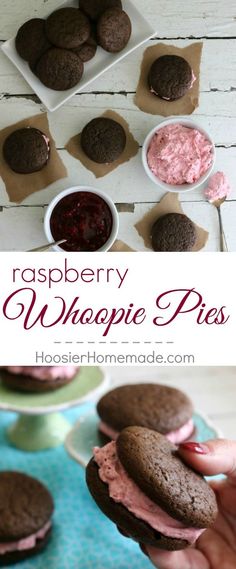 raspberry whoopie pies are made with chocolate cookies and marshmallows