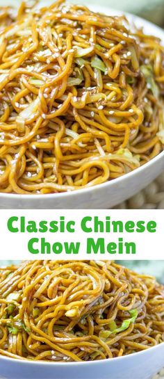 two bowls filled with chow mein noodles and the words classic chinese chow mein on top