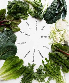 a circular arrangement of leafy greens on a white surface with the names of each plant