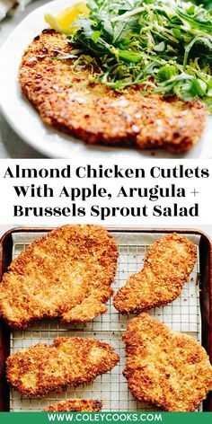 chicken cutlets with apple, arugula and brussel sprout salad