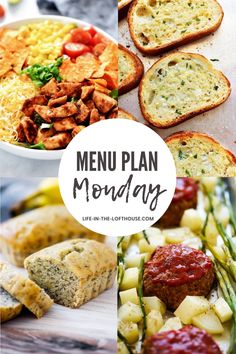 a plate with bread, vegetables and meats on it that says menu plan monday