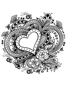 a heart surrounded by flowers and swirls in black and white on a white background