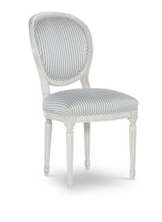 a white chair with striped upholstered seat and backrest, on a white background