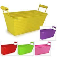 several colors of plastic storage bins with handles