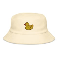 a white hat with a yellow rubber duck on it