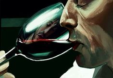 a painting of a man drinking from a wine glass with red wine in his mouth