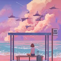 a woman sitting on a bench in front of the ocean with sharks flying above her