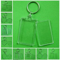 several pictures of different keychains and tags on a green background with the words omeng written below them