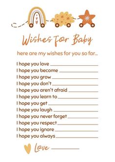 a baby shower game with the words wishes for baby written in orange and brown on it