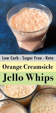 orange creamsice jello whips in small glass bowls with text overlay reading low carb sugar free keto orange creamsicle jello