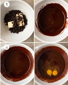 four pictures showing how to make chocolate fudges in a mixing bowl with butter and chocolate chips