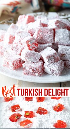 some type of dessert that is on a white plate with the words best turkish delight