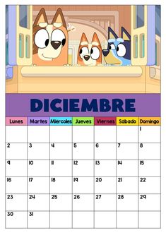 a calendar for the month of december with cartoon characters on it, including cats and dogs