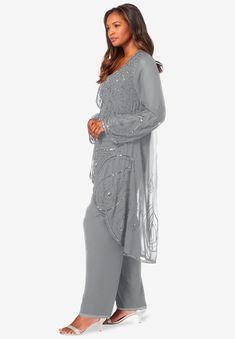 Made of lightweight georgette, this three-piece ensemble is embellished with beading on the top, jacket and pant. Scoop neck. Wide-leg pants with an elastic Grandmother Of The Bride Pants Suit, Mother Of Groom Pant Suits, Elegant Pant Suits For Women, Mother Of Bride Pants Outfits, Embellished Fitted Pant Set With Long Sleeves, Fitted Embellished Long Sleeve Pant Set, Elegant Fitted Floor-length Pant Set, Fitted Long Sleeve Embellished Pant Set, Elegant Beaded Sets For Festive Occasions