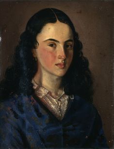 an oil painting of a woman with long black hair wearing a blue shirt and white collar