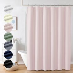 a shower curtain with different colors on it in a bathroom next to a bathtub