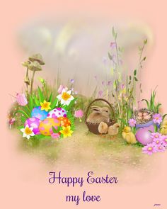 a happy easter card with an image of two rabbits in the grass and flowers on the ground