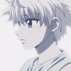 an anime character with short hair and blue eyes looks to the side while wearing a gray shirt