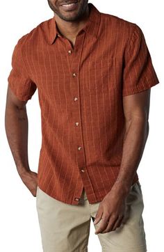 This sport shirt is crafted from soft cotton with an airy allover print for a warm-weather ready vibe. Front button closure Spread collar Chest patch pocket Short sleeves 100% cotton Machine wash, line dry Imported Men's Clothing Casual Short Sleeve Camp Shirt With Patch Pockets, Casual Camp Shirt With Patch Pockets, Casual Short Sleeve Tops For Warm Weather, Casual Brown Tops For The Beach, Brown Cotton Shirt With Patch Pockets, Brown Relaxed Fit Top With Patch Pockets, Casual Tops For Warm Weather With Relaxed Fit, Casual Relaxed Fit Tops For Warm Weather, Casual Collared Short Sleeve Shirt With Patch Pockets