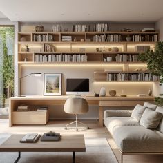 a living room filled with furniture and bookshelves