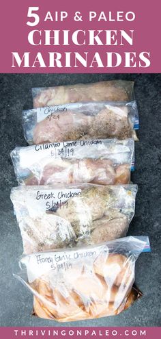 five bags of chicken marinades with text overlay reading 5 air and paleo chicken marina