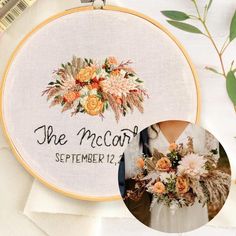 a cross stitch pattern with the words she mccamp and flowers on it next to a photo of a bride holding her bouquet