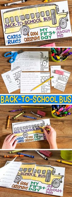 the back to school bus activity book is shown with pencils and crayons