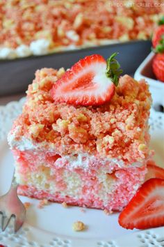 a piece of strawberry crumb cake on a plate