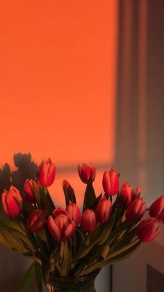 red tulips are in a green vase on a table against an orange wall